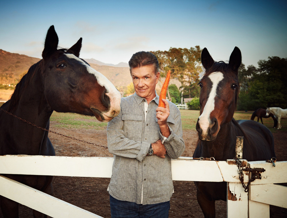 Man with two horses outside; he is holding a carrot in his hand. Landscape background shows fields, trees, and a house.