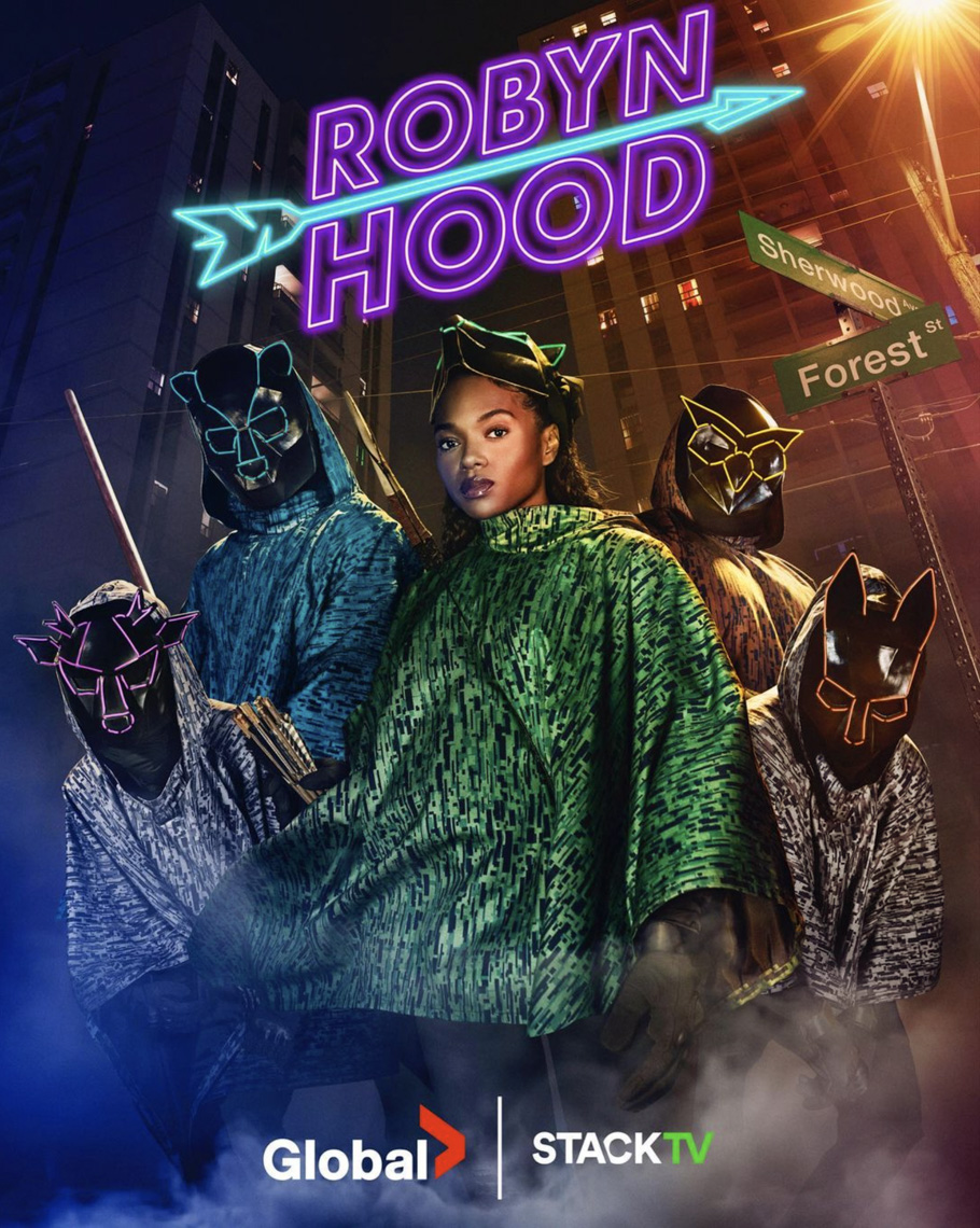 Promotional image for 'Robyn Hood' show features a young Black woman and four masked figures in an urban setting with neon signage.