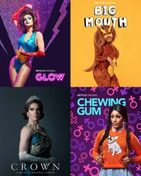 Four-panel promotional collage featuring drag performers dressed as characters from Netflix original series by Matt Barnes