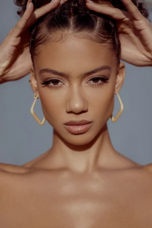Close-up portrait of a woman with braided dark hair holding her hands up, wearing geometric earrings by photographer Brett Erickson.