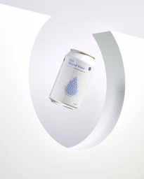 Can of Still Mineral Water floating inside a curved white sculptural arch against a bright white background.