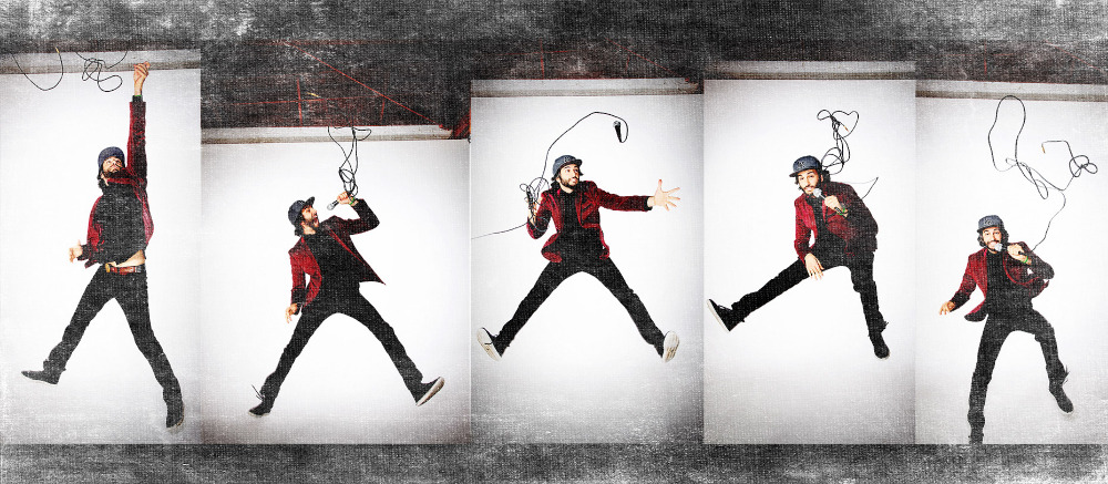 Multiple images show a man in a red jacket and black pants jumping, gesturing, and singing into a microphone against a white background.