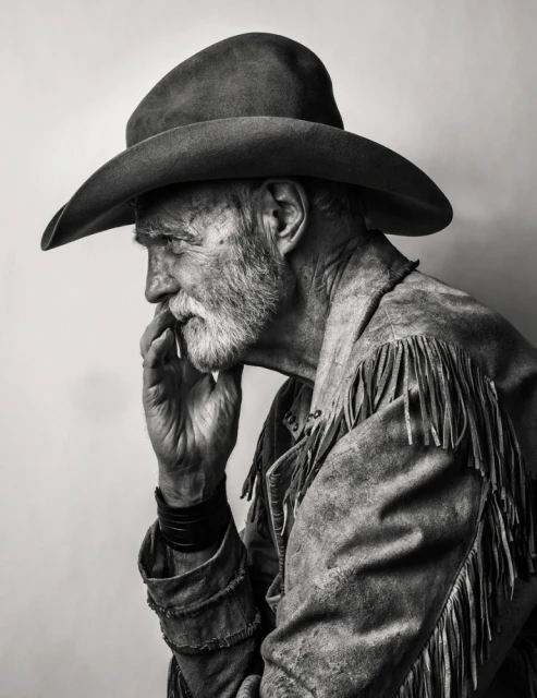 Monochrome portrait of an elderly man with a beard wearing a cowboy hat and fringed jacket, his hand raised to his chin in thought.