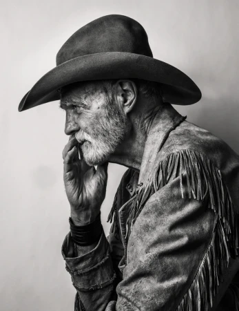 Monochrome portrait of an elderly man with a beard wearing a cowboy hat and fringed jacket, his hand raised to his chin in thought.