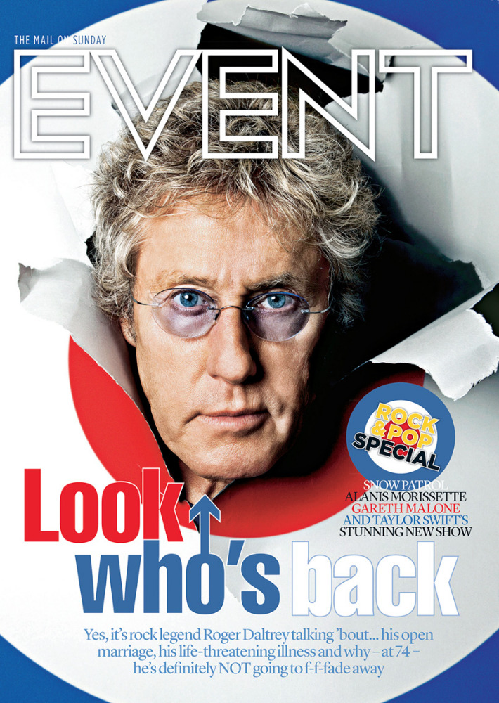 Event magazine cover featuring Roger Daltrey, rock legend, peeking through a torn page with text 'Look who's back' on a white background.