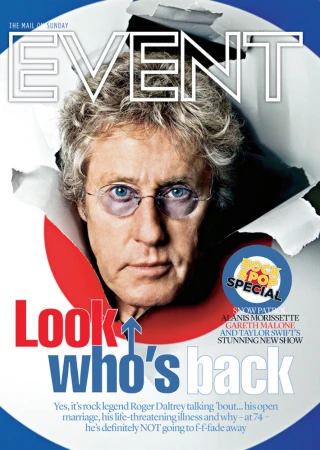 Event magazine cover featuring Roger Daltrey, rock legend, peeking through a torn page with text 'Look who's back' on a white background.