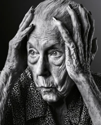 Close-up black and white portrait of an elderly woman holding her head with both hands, captured by Paul Mobley.