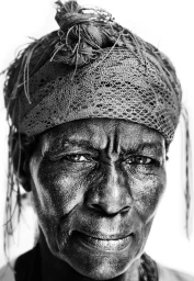 Close-up black and white portrait of an elderly woman wearing a textured patterned headband and tied hair against a plain white background.