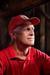 Portrait of an older man wearing a red baseball cap and red polo shirt looking thoughtfully off to the side.