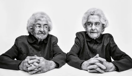 Monochrome portrait of two elderly women seated with hands clasped together against a white seamless background.
