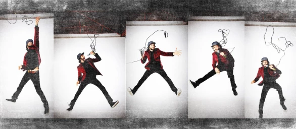 Multi-panel image of a man in a red blazer and cap jumping with a microphone against a white seamless backdrop.
