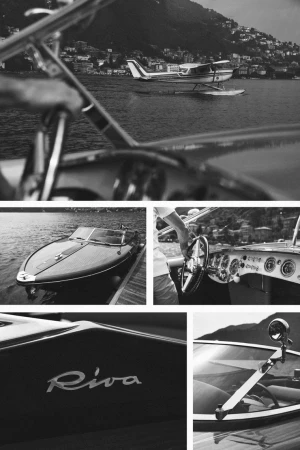 Monochrome multi-panel composition featuring a classic wooden Riva boat, steering wheel, and a seaplane on water.