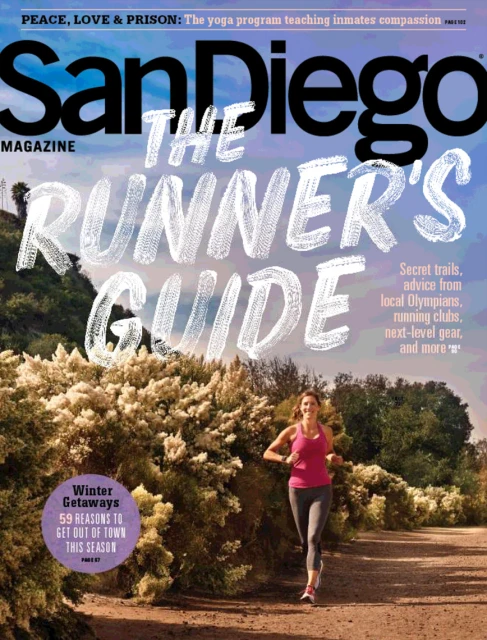 Magazine cover featuring a woman jogging outdoors on a trail in front of dense foliage, with 'San Diego Magazine' displayed prominently.