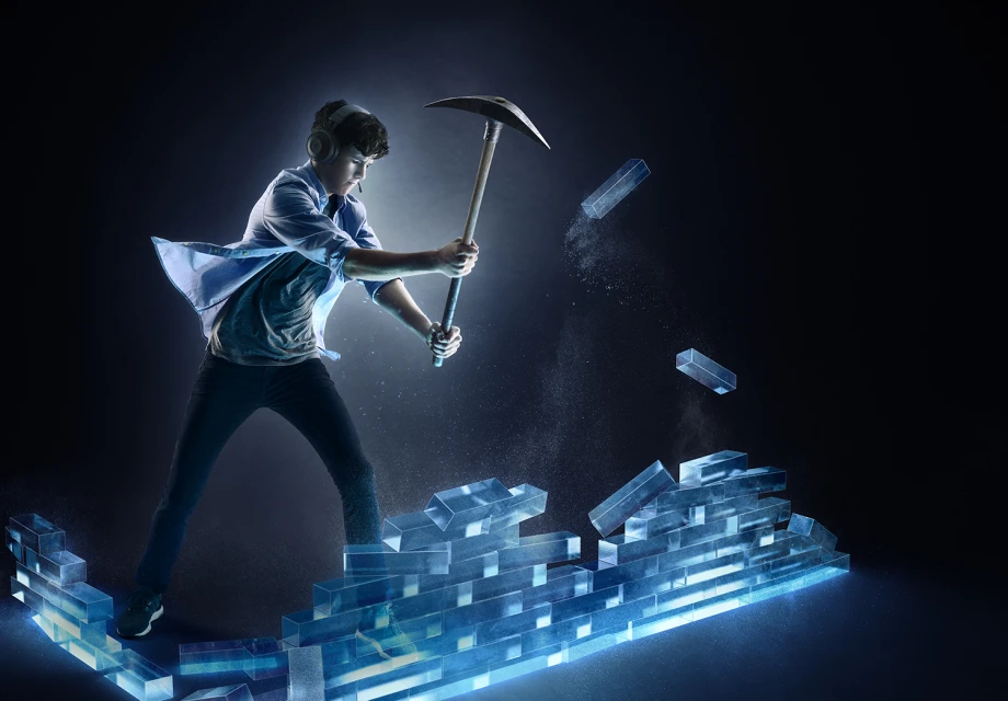 Teen gamer in headset intensely mines glowing digital blocks with a pickaxe against a dark background with game-like special effects.