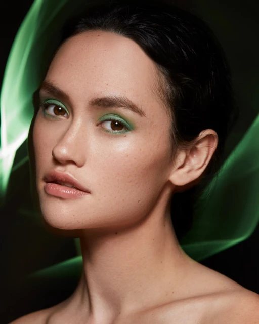 Close-up portrait of a woman with green eyeshadow against a smoky green and black background, showcasing beauty and makeup artistry.