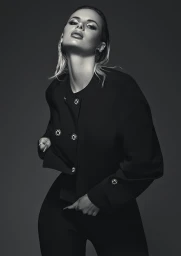 Portrait of a woman wearing a dark double-breasted jacket against a grey studio backdrop, photographed by Ryan West.