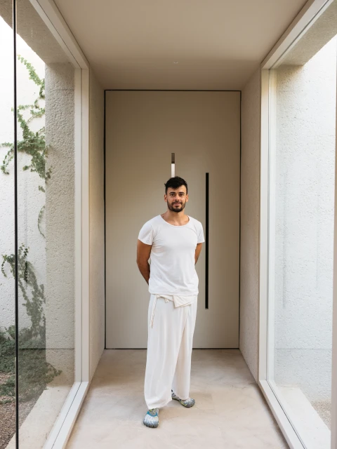 Full shot of a man in a white shirt and pants standing inside a brightly lit entryway of a modern house. Neutral color palette.