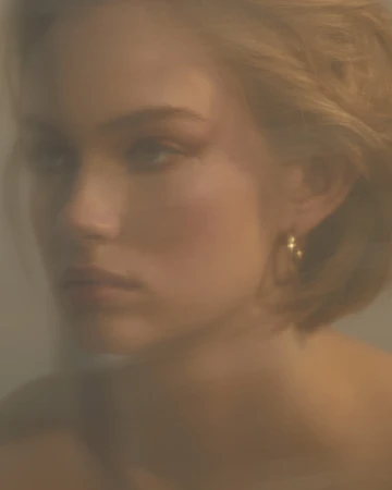 Close-up portrait of a woman with short blonde hair and gold hoop earrings in warm, diffused lighting by Bri Johnson