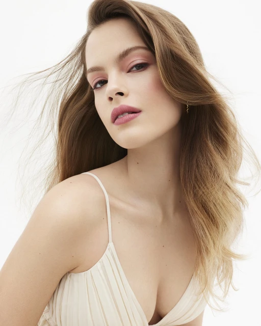 Close-up beauty shot of an adult female model with wavy brown hair, light skin, and pink makeup in a photo studio with a white background.
