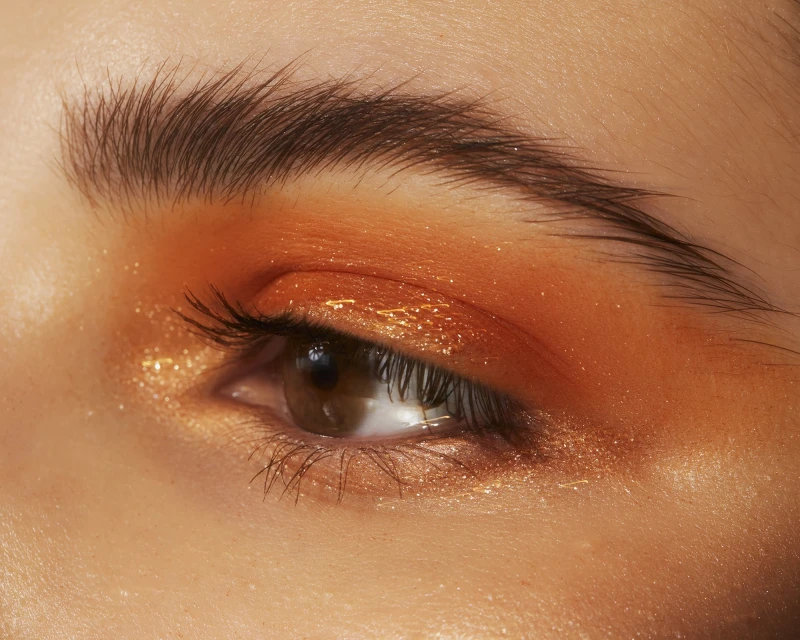 Close-up of a woman's eye with striking orange and gold shimmery eyeshadow and defined eyebrow, showcasing beauty and makeup artistry.