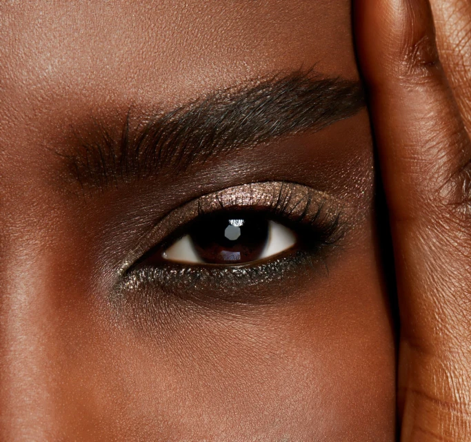 Close-up of an African American adult female's eye with detailed makeup, highlighting the brow, lashes, and skin texture in a beauty shot.