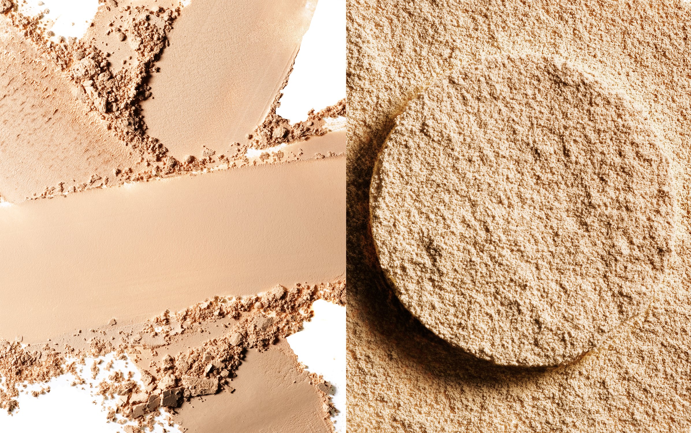 Close-up shot of face powder samples, showing a variety of textures and tones ranging from light beige to medium tan, perfect for beauty product displays.