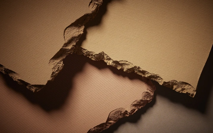 Close-up macro shot of layered torn textured paper with ragged edges in neutral beige and tan tones.