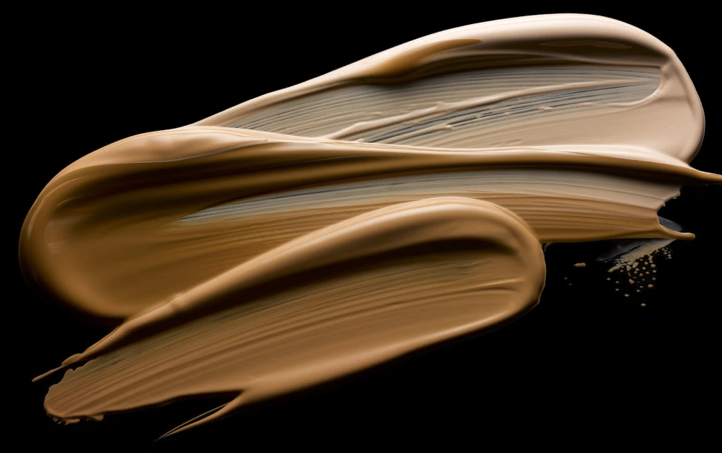 Close-up of beige and brown foundation swatches on a black background, showcasing creamy textures and tones for beauty and cosmetic use.