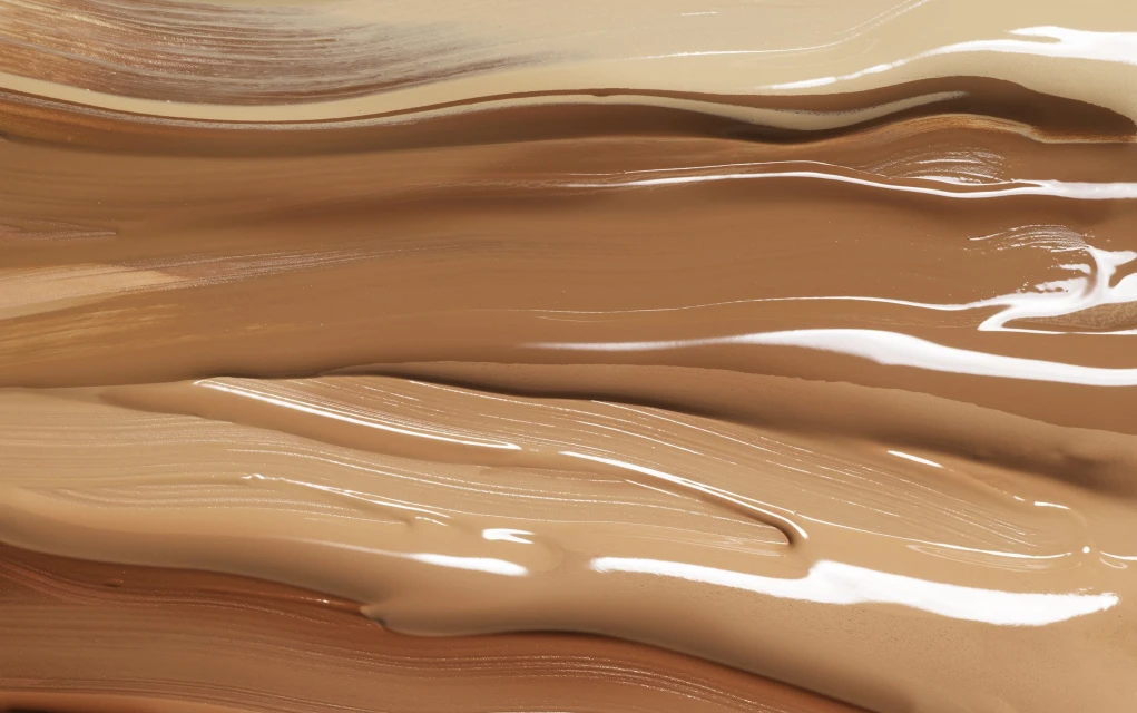 Close-up of multiple shades of liquid foundation swatches, ranging from light to dark tan, displaying textures and tones.