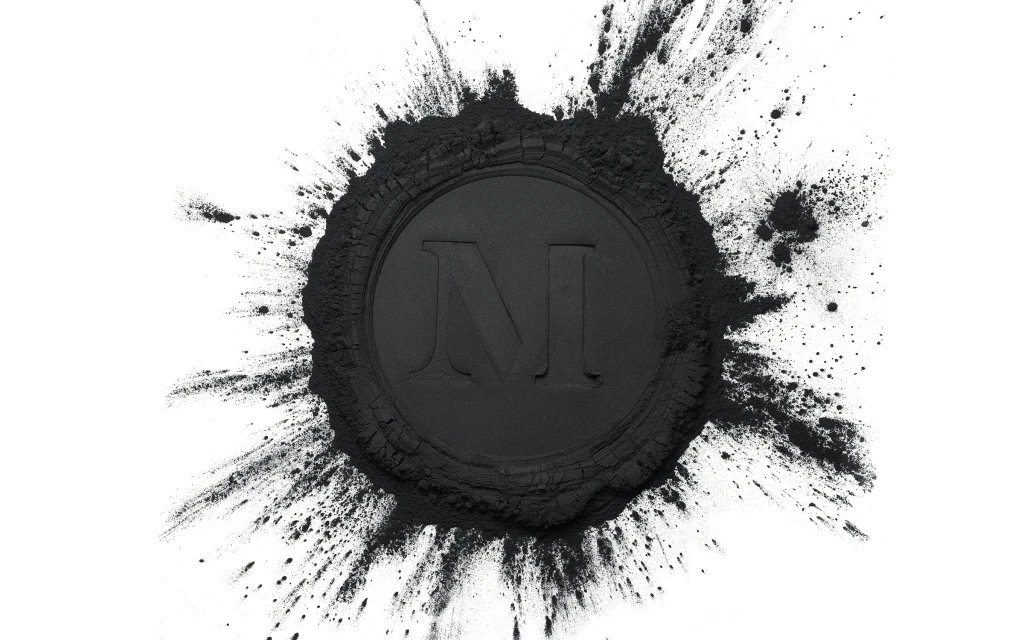A black powder circle with a capital N in the center, presented on a white background, suitable for beauty or industrial concepts.