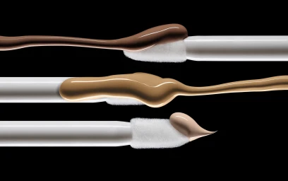 Three white cosmetic applicator wands displaying smears of liquid foundation in varying shades against black