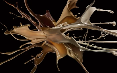Dynamic splash of liquid foundation in various brown and cream shades against a solid black background.
