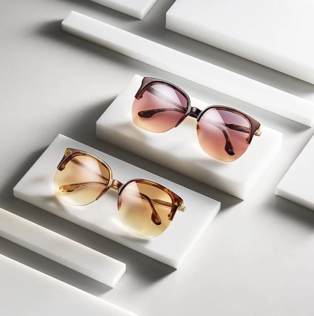 Two pairs of sunglasses are displayed on white blocks against a white background in a high-angle shot with diffused lighting.