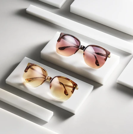 Two pairs of sunglasses are displayed on white blocks against a white background in a high-angle shot with diffused lighting.