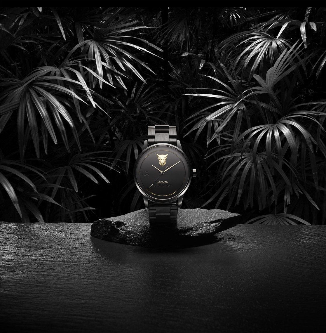 Wristwatch featuring a gold lion emblem on a dark face, sleek black metal band, and a botanical backdrop of palm leaves for a luxury aesthetic.