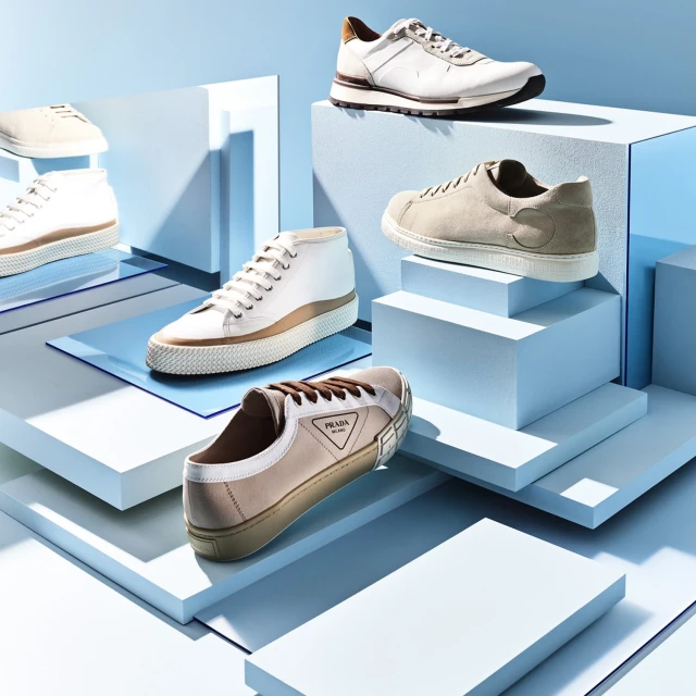 Studio shot of a collection of stylish sneakers in beige, white, and tan, staged on geometric platforms against a light blue backdrop.