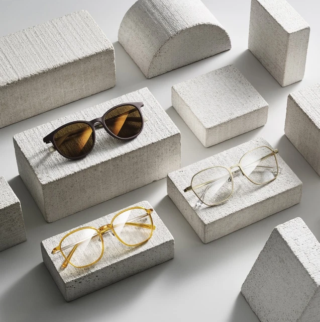 Eyeglasses and sunglasses product shot: three pairs of eyewear displayed on textured concrete blocks in a minimalist studio setting.