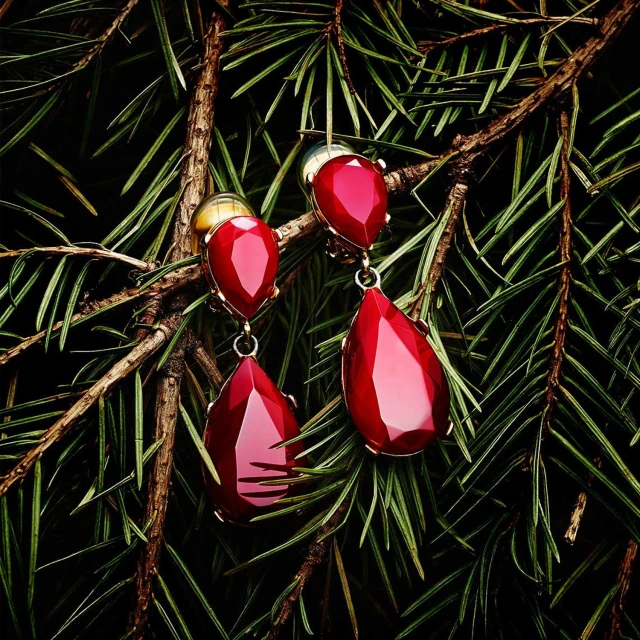 Close-up of drop earrings with red gemstones and gold settings on a branch of green pine needles.