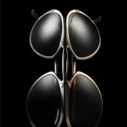 Two pairs of Tom Ford sunglasses displayed vertically against a deep black background with dramatic lighting.