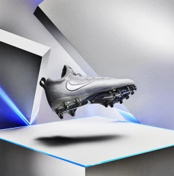 Silver Nike football cleat levitating against a geometric studio set with blue accent lighting by Nicholas Duers