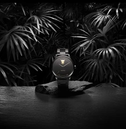 A black luxury wristwatch with a gold logo rests on a dark rock surface amidst lush tropical foliage.