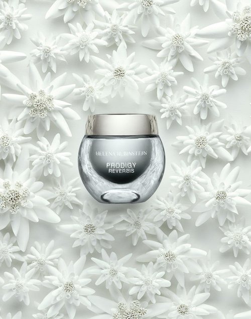 Cosmetic cream jar by Helena Rubinstein with silver lid on background of white edelweiss flowers, top-down studio shot for beauty advertising.
