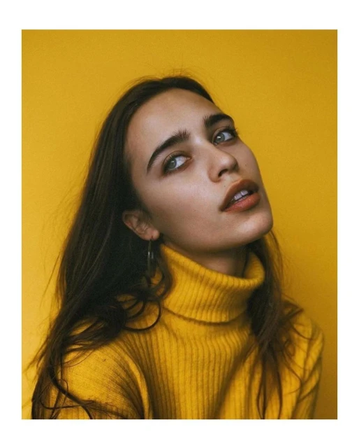 Portrait of a young woman with long brown hair wearing a yellow turtleneck sweater against a yellow background in a studio setting.