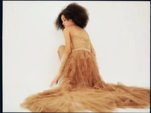 Model with voluminous dark hair wearing a strapless tiered beige tulle gown crouching against a white background
