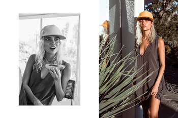 Monochrome double image of a young woman wearing a gray dress and yellow baseball cap, posing outdoors, with natural light and greenery.