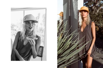 Monochrome double image of a young woman wearing a gray dress and yellow baseball cap, posing outdoors, with natural light and greenery.