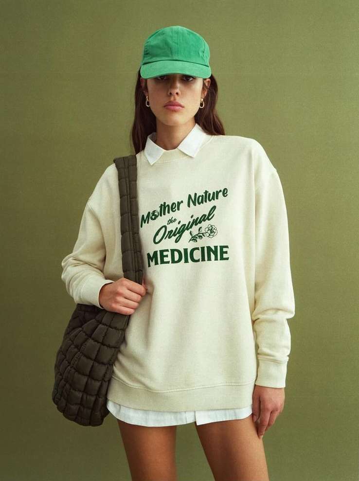 A woman in a sweatshirt and baseball cap poses in front of an olive-green background, carrying a quilted bag over her shoulder.