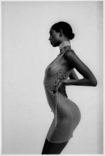 Monochrome portrait of a woman in a mesh dress with her hands on her hips, against a plain light background in a studio setting.