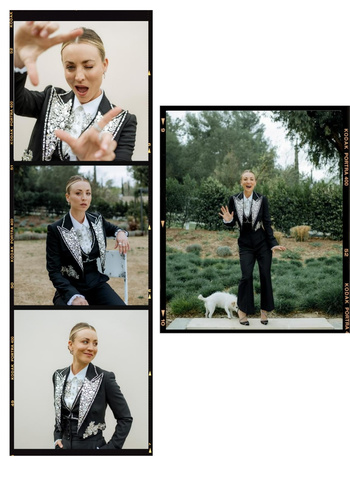 Adult female in a black suit with white trim posing in front of a garden in a collage-style image with Kodak border.