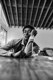Black man seated at a table resting his head on his hand in a monochrome interior with exposed wooden ceiling beams.